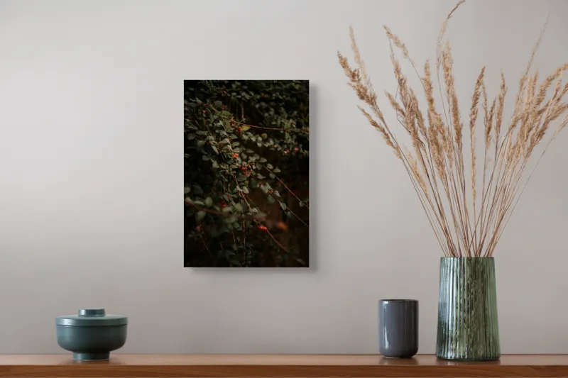 Tablou Canvas, "Frunziș verde în lumină misterioasă", Frunziș, Bace, Verde, Întuneric, Natură, Umbre, Textură, Ramuri, Sălbatic, Misterios, 26 x 39 cm – poza 5