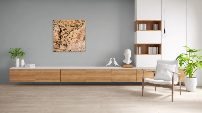 Tablou Canvas, "Drumul pierdut printre stânci aride", Stânci, Canion, Drum, Mașină, Vegetație, Deșert, Pietre, Contrast, Peisaj, Singurătate, 100 x 100 cm – poza 8