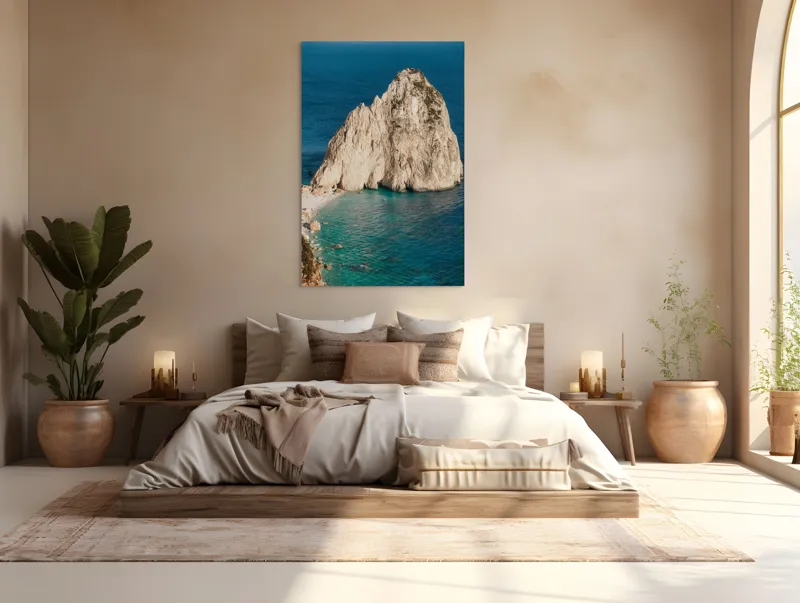 Tablou Canvas, "Capul stâncos al mării azurii", Stâncă, Apă, Coastă, Albastru, Natură, Cer, Valuri, Frumusețe, Tranquilitate, Peisaj, 100 x 150 cm – poza 3
