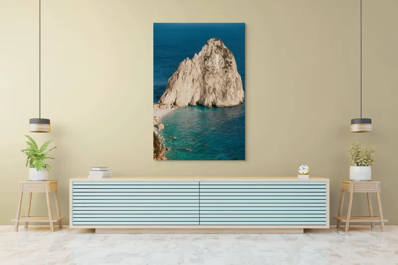 Tablou Canvas, "Capul stâncos al mării azurii", Stâncă, Apă, Coastă, Albastru, Natură, Cer, Valuri, Frumusețe, Tranquilitate, Peisaj, 100 x 150 cm – poza 4