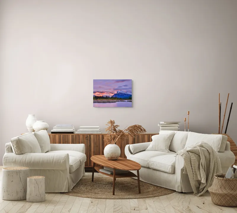 Tablou Canvas, "Apus de vis peste munții înzăpeziți", Frumusețe, Măreție, Liniște, Natură, Apus, Munți, Cer, Reflectare, Vegetație, Răsărit, 54 x 39 cm – poza 5