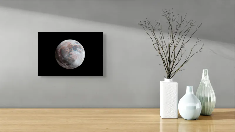 Tablou Canvas, "Luna în lumina cosmică colorată", Lună, Suprafață, Cratere, Lumină, Umbre, Spațiu, Mister, Fascinație, Timp, Infinit, 39 x 26 cm – poza 8