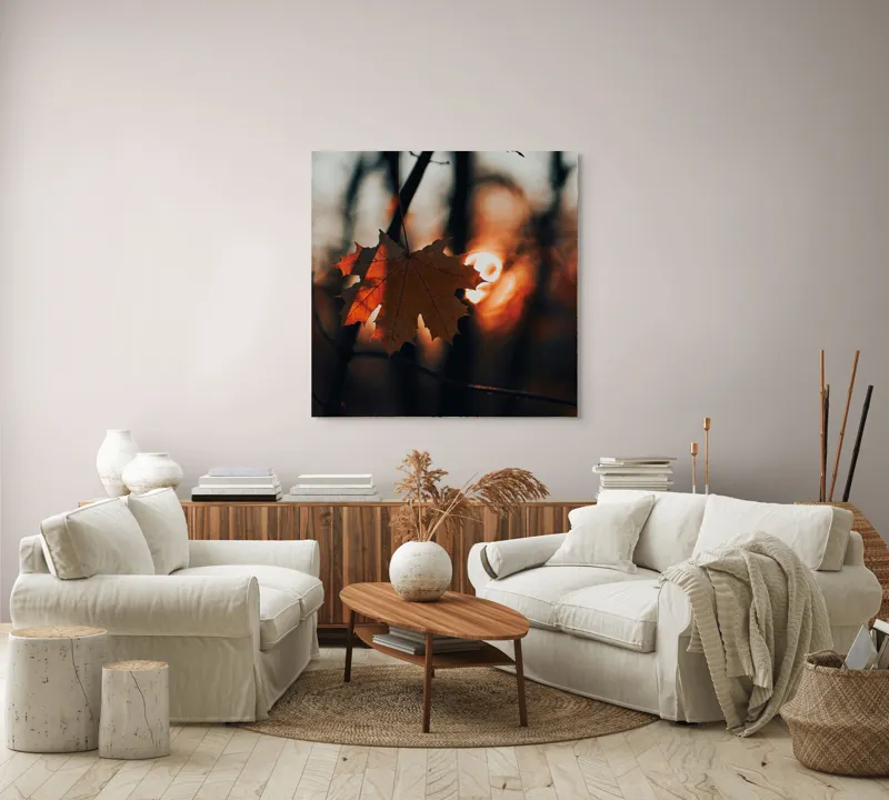 Tablou Canvas, "Frumusețea toamnei în apusul delicat", Frunză, Apus, Siluetă, Căldură, Toamnă, Lumină, Natură, Mister, Ramuri, Strălucire, 100 x 100 cm – poza 3