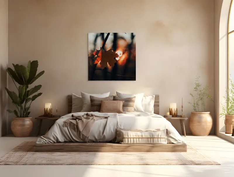 Tablou Canvas, "Frumusețea toamnei în apusul delicat", Frunză, Apus, Siluetă, Căldură, Toamnă, Lumină, Natură, Mister, Ramuri, Strălucire, 100 x 100 cm – poza 4