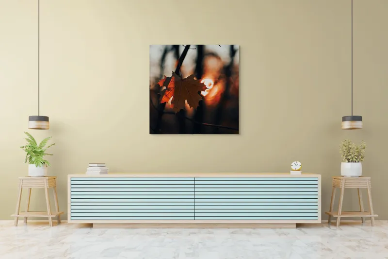 Tablou Canvas, "Frumusețea toamnei în apusul delicat", Frunză, Apus, Siluetă, Căldură, Toamnă, Lumină, Natură, Mister, Ramuri, Strălucire, 100 x 100 cm – poza 5