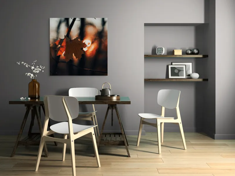 Tablou Canvas, "Frumusețea toamnei în apusul delicat", Frunză, Apus, Siluetă, Căldură, Toamnă, Lumină, Natură, Mister, Ramuri, Strălucire, 100 x 100 cm – poza 6