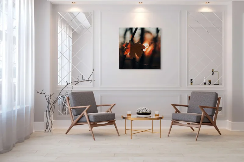Tablou Canvas, "Frumusețea toamnei în apusul delicat", Frunză, Apus, Siluetă, Căldură, Toamnă, Lumină, Natură, Mister, Ramuri, Strălucire, 100 x 100 cm – poza 7