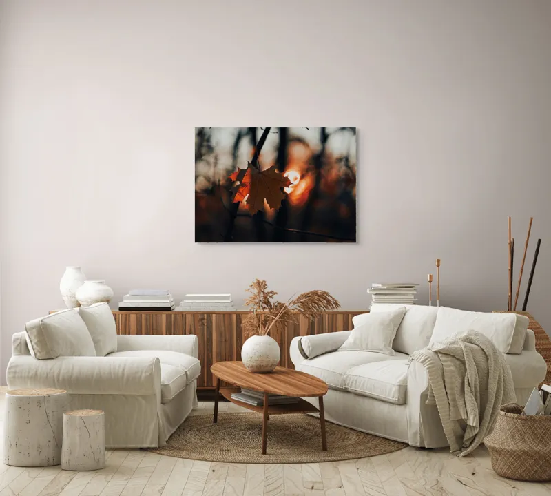Tablou Canvas, "Frumusețea toamnei în apusul delicat", Frunză, Apus, Siluetă, Căldură, Toamnă, Lumină, Natură, Mister, Ramuri, Strălucire, 100 x 70 cm – poza 3