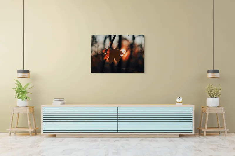 Tablou Canvas, "Frumusețea toamnei în apusul delicat", Frunză, Apus, Siluetă, Căldură, Toamnă, Lumină, Natură, Mister, Ramuri, Strălucire, 100 x 70 cm – poza 4