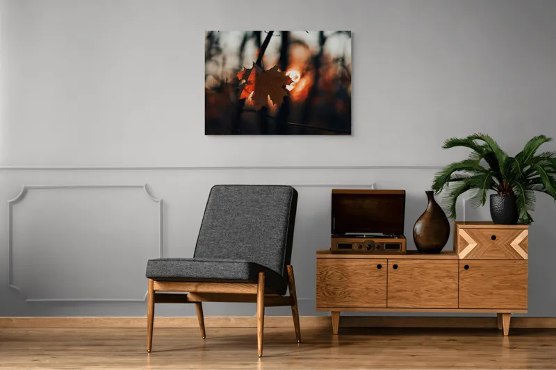 Tablou Canvas, "Frumusețea toamnei în apusul delicat", Frunză, Apus, Siluetă, Căldură, Toamnă, Lumină, Natură, Mister, Ramuri, Strălucire, 100 x 70 cm – poza 8