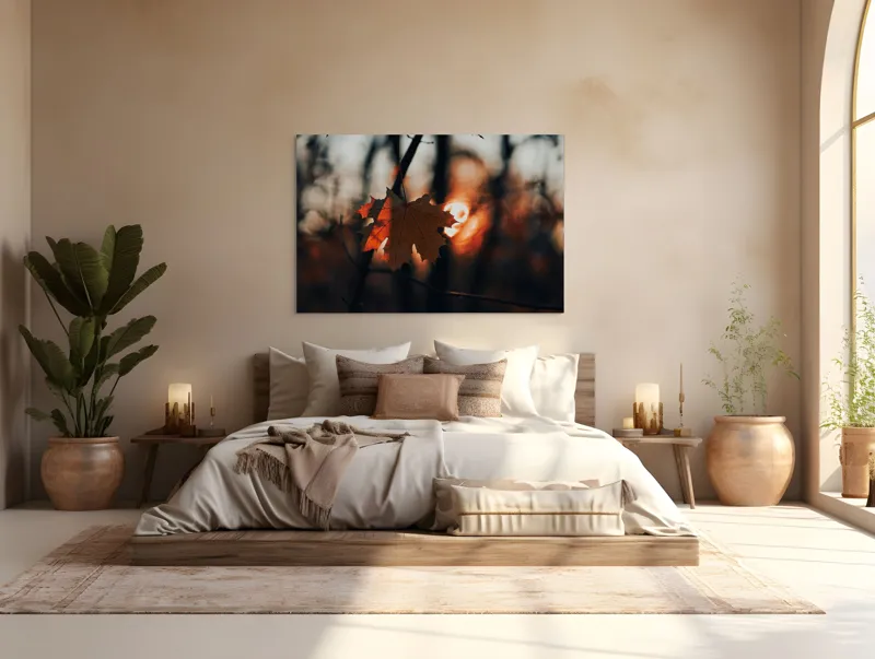 Tablou Canvas, "Frumusețea toamnei în apusul delicat", Frunză, Apus, Siluetă, Căldură, Toamnă, Lumină, Natură, Mister, Ramuri, Strălucire, 150 x 100 cm – poza 4