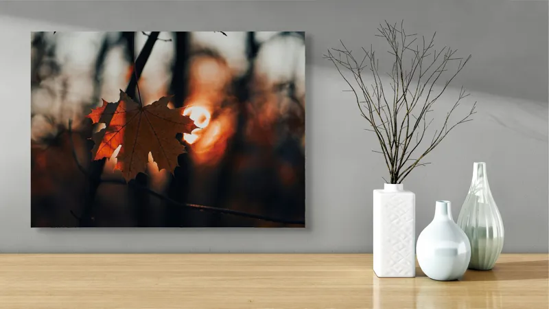 Tablou Canvas, "Frumusețea toamnei în apusul delicat", Frunză, Apus, Siluetă, Căldură, Toamnă, Lumină, Natură, Mister, Ramuri, Strălucire, 70 x 50 cm – poza 3