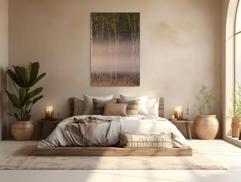 Tablou Canvas, "Misterul copacilor în ceață albicioasă", Copaci, Ceață, Toamnă, Frunziș, Lumină, Natură, Melancolie, Mister, Peisaj, Trunchiuri, 100 x 150 cm – poza 3