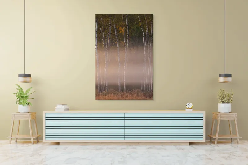 Tablou Canvas, "Misterul copacilor în ceață albicioasă", Copaci, Ceață, Toamnă, Frunziș, Lumină, Natură, Melancolie, Mister, Peisaj, Trunchiuri, 100 x 150 cm – poza 4