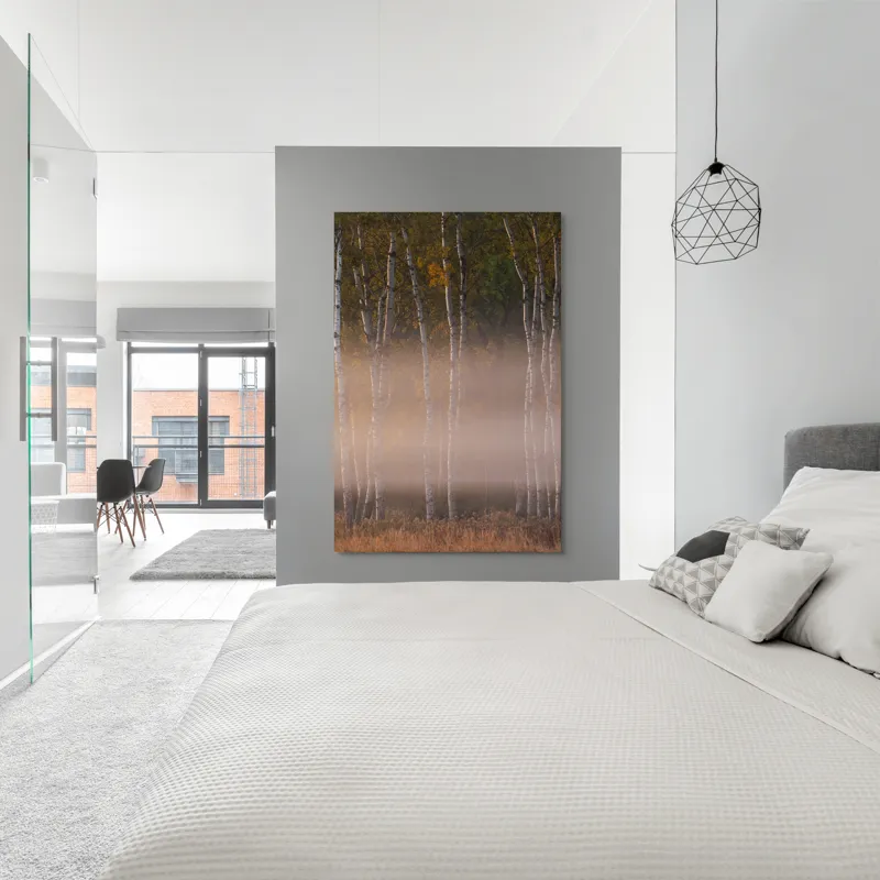 Tablou Canvas, "Misterul copacilor în ceață albicioasă", Copaci, Ceață, Toamnă, Frunziș, Lumină, Natură, Melancolie, Mister, Peisaj, Trunchiuri, 100 x 150 cm – poza 5