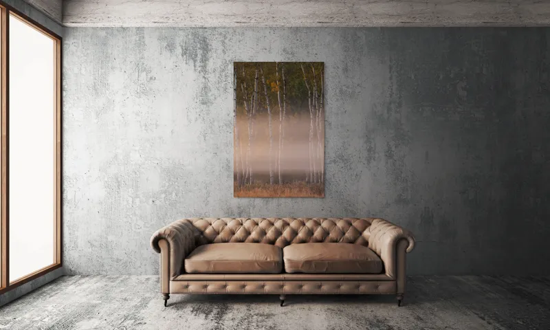 Tablou Canvas, "Misterul copacilor în ceață albicioasă", Copaci, Ceață, Toamnă, Frunziș, Lumină, Natură, Melancolie, Mister, Peisaj, Trunchiuri, 100 x 150 cm – poza 6