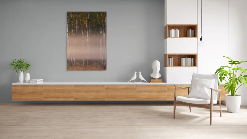 Tablou Canvas, "Misterul copacilor în ceață albicioasă", Copaci, Ceață, Toamnă, Frunziș, Lumină, Natură, Melancolie, Mister, Peisaj, Trunchiuri, 100 x 150 cm – poza 8