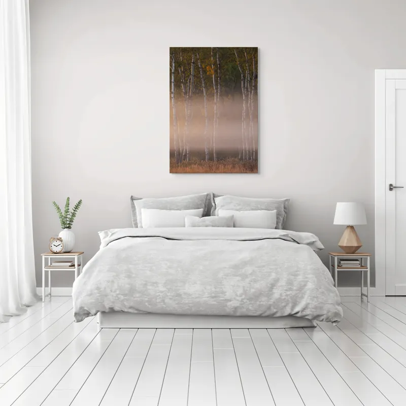 Tablou Canvas, "Misterul copacilor în ceață albicioasă", Copaci, Ceață, Toamnă, Frunziș, Lumină, Natură, Melancolie, Mister, Peisaj, Trunchiuri, 70 x 100 cm – poza 3