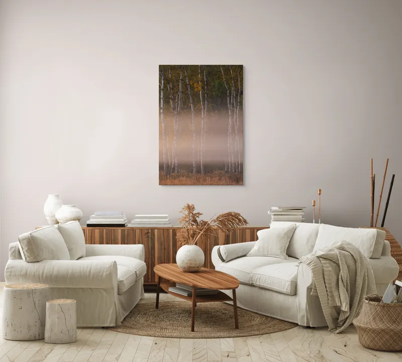Tablou Canvas, "Misterul copacilor în ceață albicioasă", Copaci, Ceață, Toamnă, Frunziș, Lumină, Natură, Melancolie, Mister, Peisaj, Trunchiuri, 70 x 100 cm – poza 4
