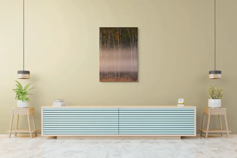 Tablou Canvas, "Misterul copacilor în ceață albicioasă", Copaci, Ceață, Toamnă, Frunziș, Lumină, Natură, Melancolie, Mister, Peisaj, Trunchiuri, 70 x 100 cm – poza 5