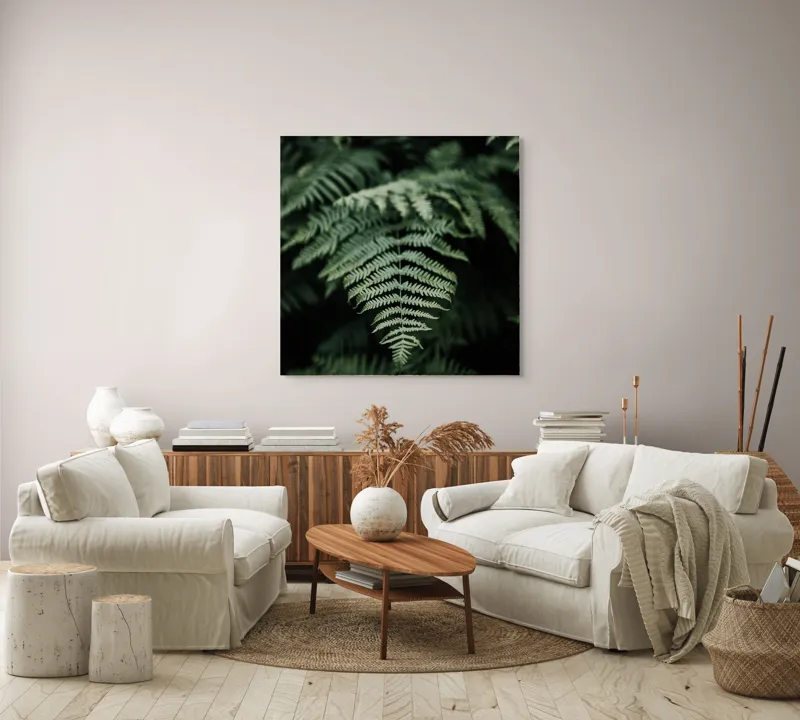 Tablou Canvas, "Frumusețea naturii în detaliu vegetal", Frunze, Verde, Textură, Natură, Frumusețe, Detaliu, Simetrie, Eleganță, 100 x 100 cm – poza 3
