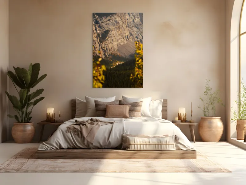 Tablou Canvas, "Drum șerpuitor prin stânci semețe", Munți, Pădure, Roci, Toamnă, Natură, Peisaj, Dramatic, Vârfuri, Vegetație, Culori, 100 x 150 cm – poza 3
