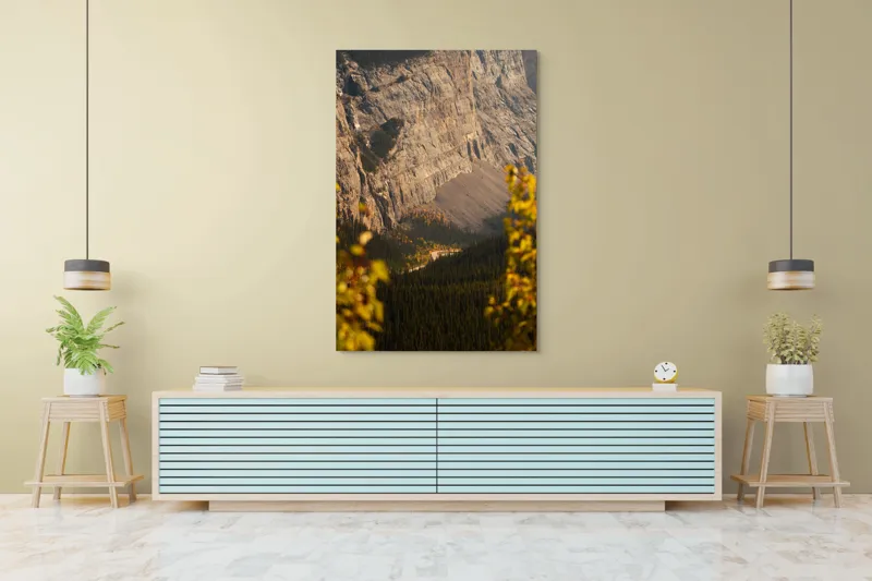 Tablou Canvas, "Drum șerpuitor prin stânci semețe", Munți, Pădure, Roci, Toamnă, Natură, Peisaj, Dramatic, Vârfuri, Vegetație, Culori, 100 x 150 cm – poza 4