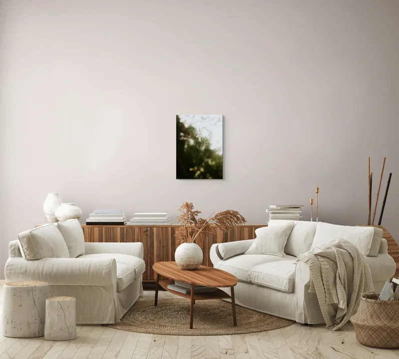 Tablou Canvas, "Brăduț în lumina dimineții", Copac, Crengi, Ace, Verde, Natură, Lumină, Blândă, Frunză, Moale, Pădure, 39 x 54 cm – poza 5