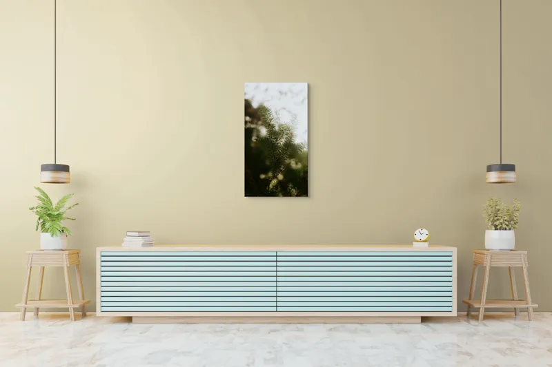 Tablou Canvas, "Brăduț în lumina dimineții", Copac, Crengi, Ace, Verde, Natură, Lumină, Blândă, Frunză, Moale, Pădure, 50 x 90 cm – poza 6