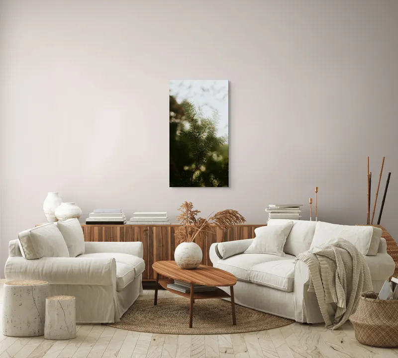 Tablou Canvas, "Brăduț în lumina dimineții", Copac, Crengi, Ace, Verde, Natură, Lumină, Blândă, Frunză, Moale, Pădure, 50 x 90 cm – poza 7