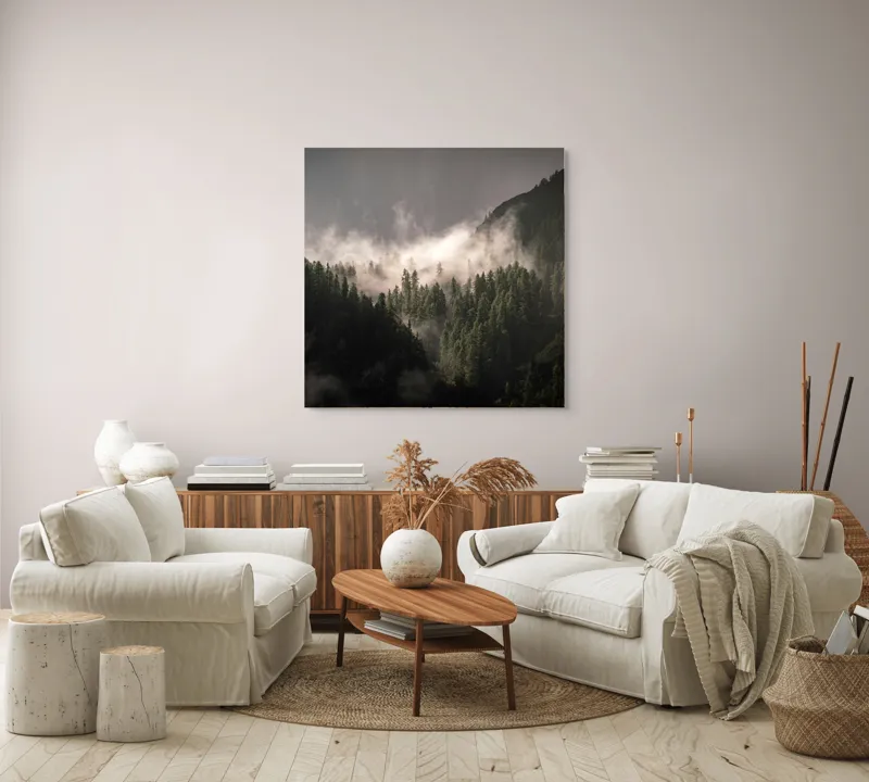 Tablou Canvas, "Misterul pădurii învăluită în ceață", Ceață, Pădure, Munți, Mister, Lumină, Umbre, Verde, Natură, Tranquilitate, 100 x 100 cm – poza 3