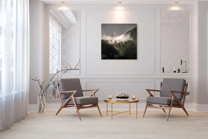 Tablou Canvas, "Misterul pădurii învăluită în ceață", Ceață, Pădure, Munți, Mister, Lumină, Umbre, Verde, Natură, Tranquilitate, 100 x 100 cm – poza 7