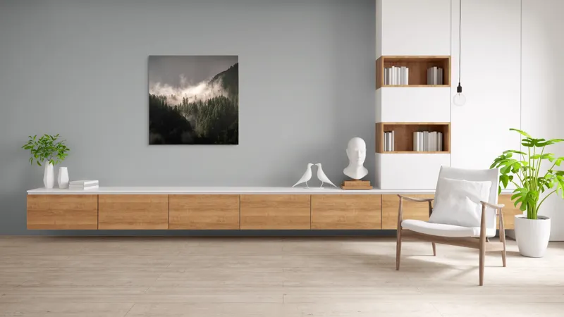 Tablou Canvas, "Misterul pădurii învăluită în ceață", Ceață, Pădure, Munți, Mister, Lumină, Umbre, Verde, Natură, Tranquilitate, 100 x 100 cm – poza 8