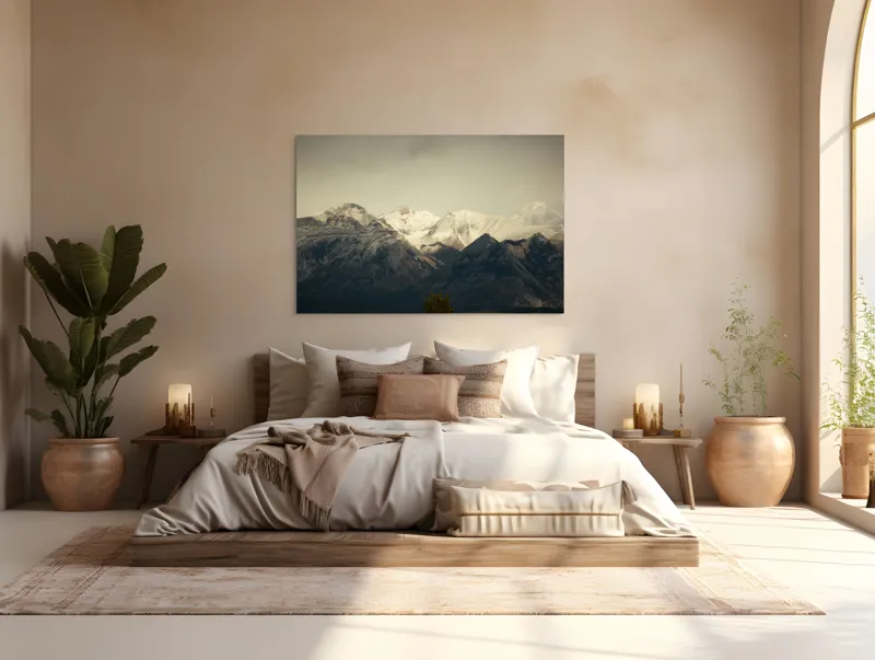 Tablou Canvas, "Munți înzăpeziți sub un cer noros", Pictură, Munți, Zăpadă, Cer, Peisaj, Natură, Stânci, Măreție, 150 x 100 cm – poza 4