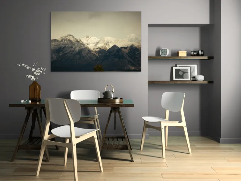 Tablou Canvas, "Munți înzăpeziți sub un cer noros", Pictură, Munți, Zăpadă, Cer, Peisaj, Natură, Stânci, Măreție, 150 x 100 cm – poza 5