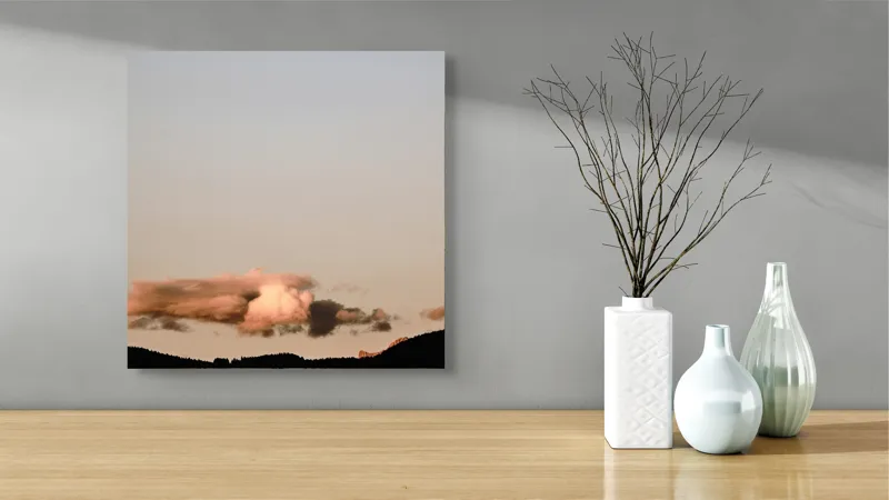 Tablou Canvas, "Nori plutind peste dealuri întunecate", Nor, Cer, Siluetă, Apus, Dealuri, Seară, 50 x 50 cm – poza 3