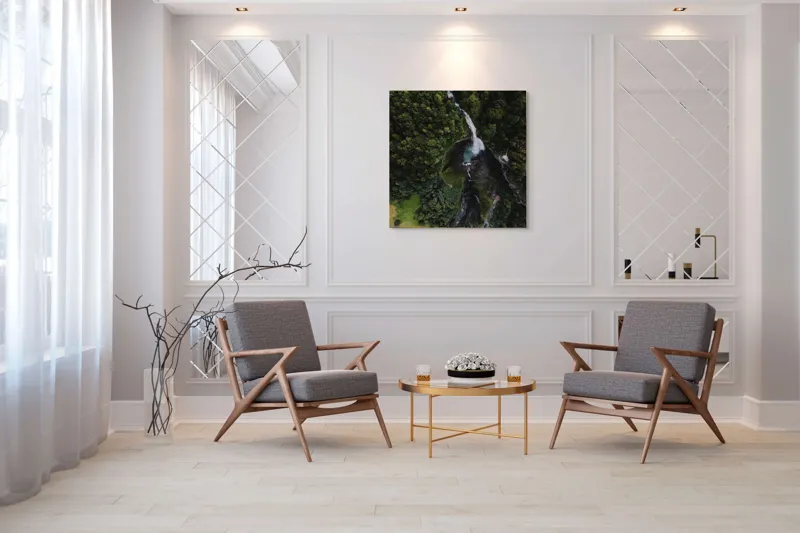 Tablou Canvas, "Cascada din inima pădurii verzi", Pădure, Cascadă, Râu, Verdeață, Peisaj, Natură, Aerian, Frumusețe, Stânci, Apă, 100 x 100 cm – poza 7