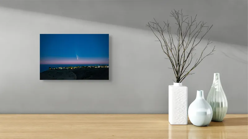 Tablou Canvas, "Cometa luminând cerul înserării", Stele, Cometă, Orizont, Noapte, Lumină, Peisaj, Ocean, Cer., 39 x 26 cm – poza 8