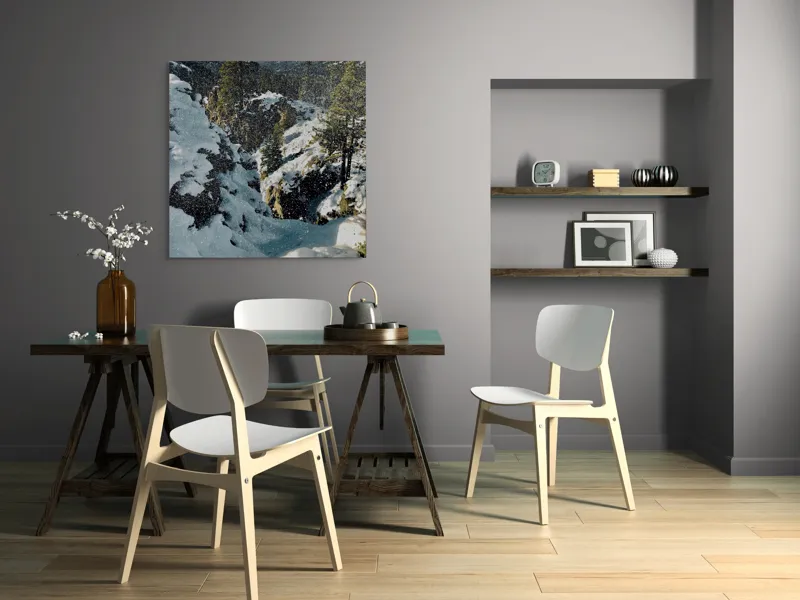 Tablou Canvas, "Iarna fermecată în munții neîmblânziți", Zăpadă, Copaci, Piscuri, Cer, Peisaj, Iarnă, Stânci, Natură., 100 x 100 cm – poza 6