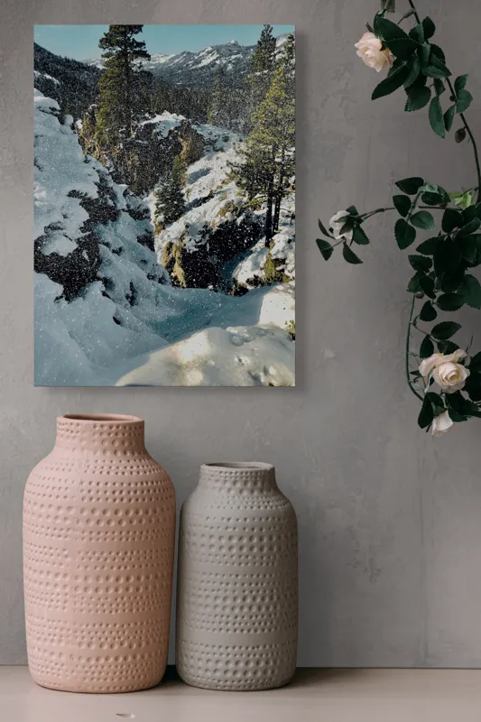 Tablou Canvas, "Iarna fermecată în munții neîmblânziți", Zăpadă, Copaci, Piscuri, Cer, Peisaj, Iarnă, Stânci, Natură., 39 x 54 cm – poza 6