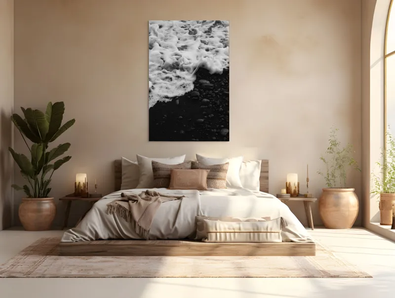 Tablou Canvas, "Spuma mării pe nisip negru", Spumă, Valuri, Piatră, Nisip, Contrast, Textură, Ocean, Natură, 100 x 150 cm – poza 3