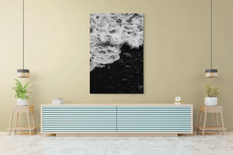 Tablou Canvas, "Spuma mării pe nisip negru", Spumă, Valuri, Piatră, Nisip, Contrast, Textură, Ocean, Natură, 100 x 150 cm – poza 4