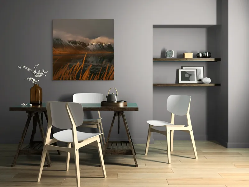 Tablou Canvas, "Lumina aurie peste munții înzăpeziți", Munte, Nor, Reflecție, Apus, Iarbă, Apă, Lumină, Peisaj, 100 x 100 cm – poza 6
