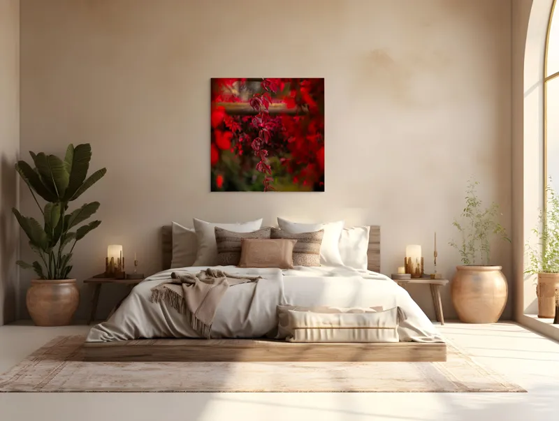 Tablou Canvas, "Cascada viselor roșii de toamnă", Frunze, Roșii, Toamnă, Natură, Frumusețe, Lumină, Blândețe, Calm, Verdeață, Contrast, 100 x 100 cm – poza 4