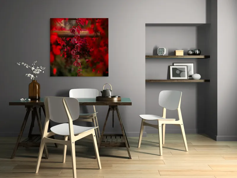 Tablou Canvas, "Cascada viselor roșii de toamnă", Frunze, Roșii, Toamnă, Natură, Frumusețe, Lumină, Blândețe, Calm, Verdeață, Contrast, 100 x 100 cm – poza 6