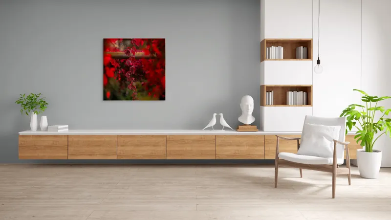 Tablou Canvas, "Cascada viselor roșii de toamnă", Frunze, Roșii, Toamnă, Natură, Frumusețe, Lumină, Blândețe, Calm, Verdeață, Contrast, 100 x 100 cm – poza 8