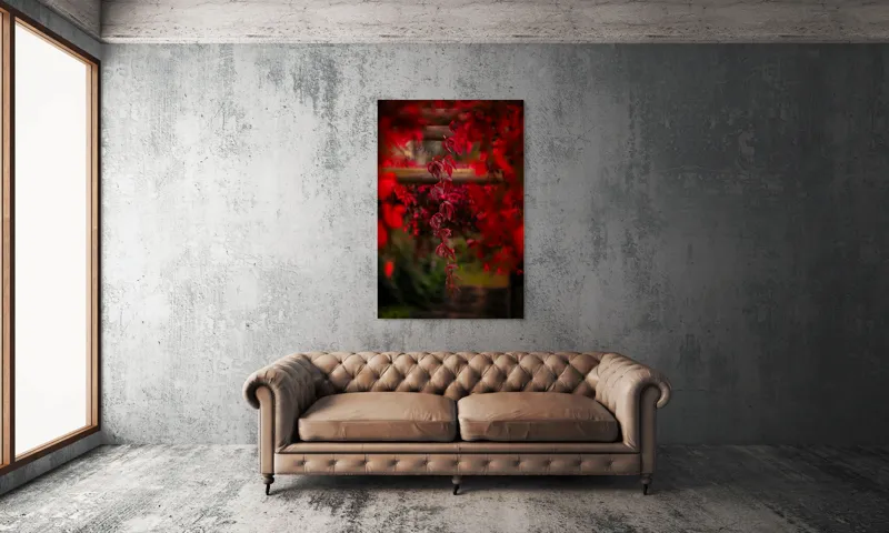Tablou Canvas, "Cascada viselor roșii de toamnă", Frunze, Roșii, Toamnă, Natură, Frumusețe, Lumină, Blândețe, Calm, Verdeață, Contrast, 100 x 150 cm – poza 6