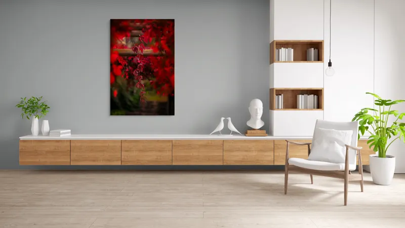 Tablou Canvas, "Cascada viselor roșii de toamnă", Frunze, Roșii, Toamnă, Natură, Frumusețe, Lumină, Blândețe, Calm, Verdeață, Contrast, 100 x 150 cm – poza 8