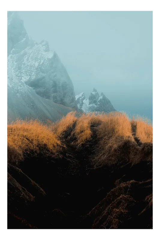 Tablou Canvas, "Munții Încețoșați și Iarba Aurie", Munți, Iarbă, Ceață, Pitoresc, Natură, Contrast, Răsărit, Serene, Peisaj, Alpin, 100 x 100 cm