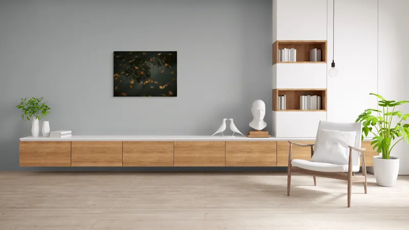 Tablou Canvas, "Reflecția toamnei în apa limpede", Frunze, Reflecție, Apă, Toamnă, Umbre, Natură, Calm, Mister, Melancolie, Întuneric, 100 x 70 cm – poza 6